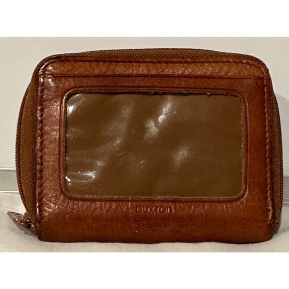Buxton Brown Leather Fan Credit Card Holder one Zip Wallet Small Leather Preppy - Picture 1 of 6